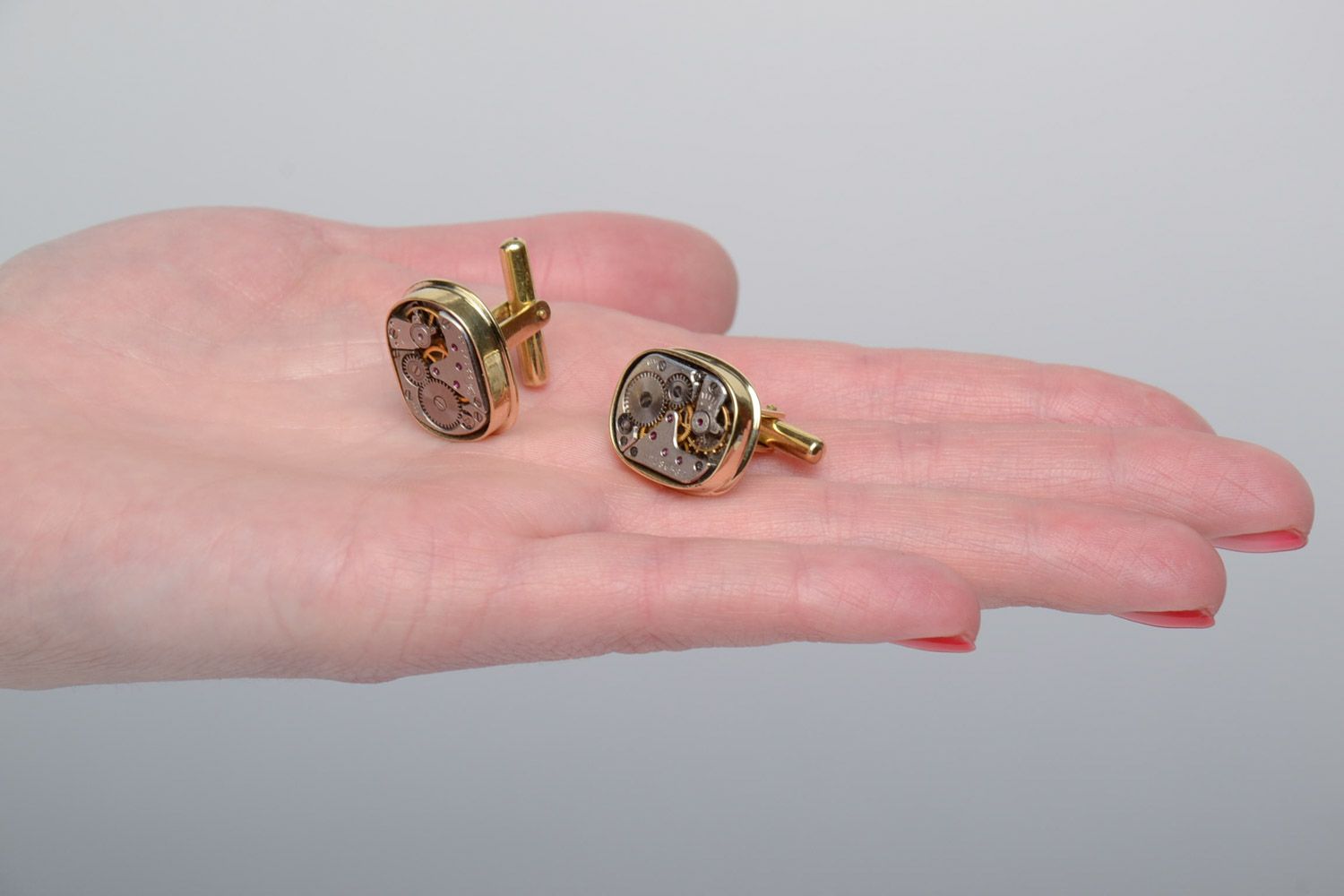 Steampunk brass handmade stylish cufflinks square unisex accessory  photo 5
