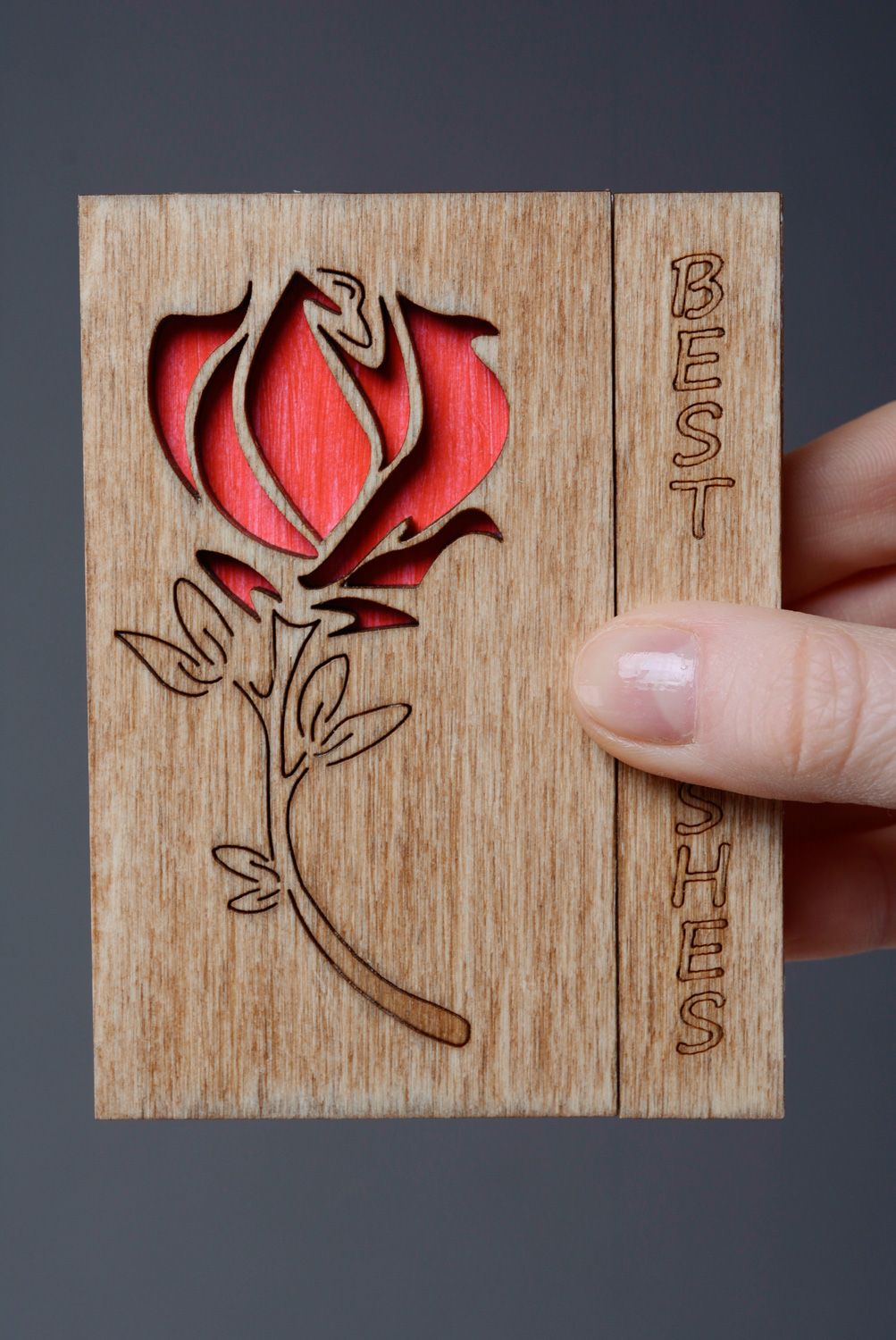 Belle carte de voeux en bois faite main originale décorée de rose Best Wishes photo 4