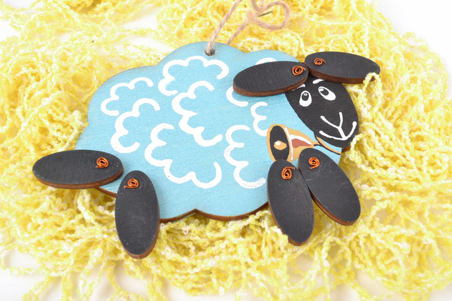 Small homemade wooden painted wall hanging Blue Lamb for interior decoration photo 1