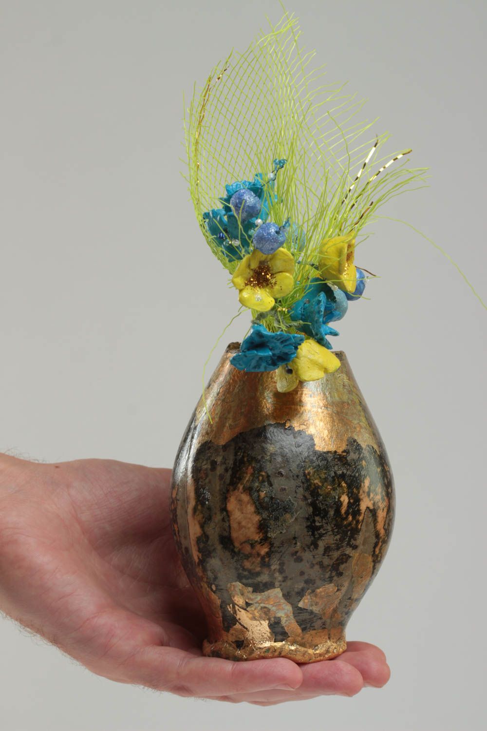 Originelle bemalte Vase aus Polymerton für Strohblumen Künstler Handarbeit foto 5