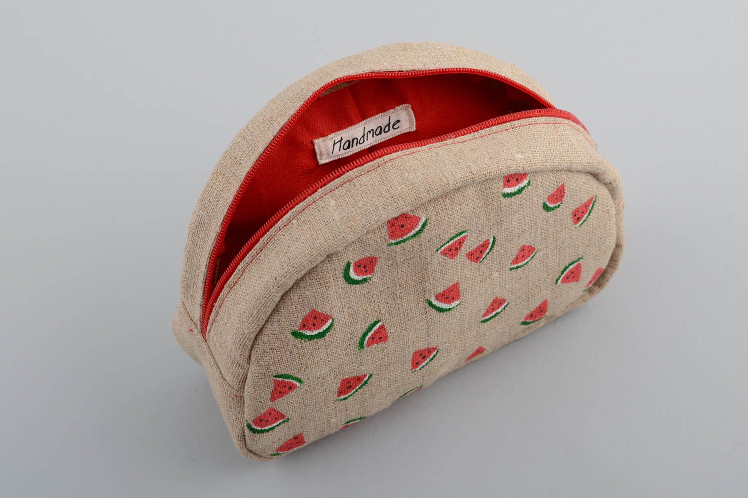 Handmade designer sailcloth semi round cosmetics bag with water melons pattern photo 4