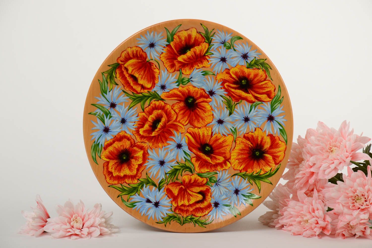 Bemalter schöner handgemachter Wandteller aus Holz Sonnenblumen Geschenk Frau foto 1