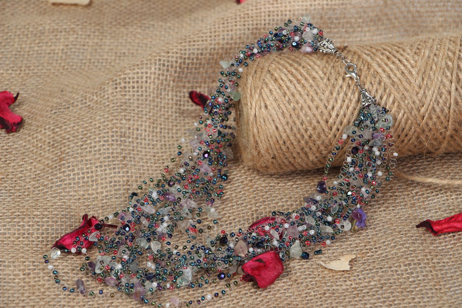 Evening beaded necklace with natural stones  photo 5