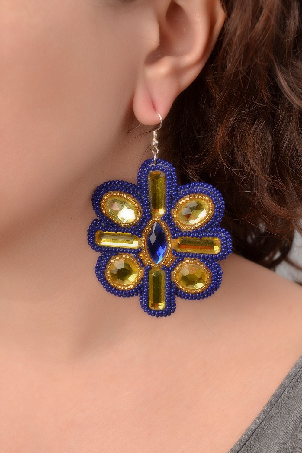 Handmade bright beaded blue and golden floral earrings with cabochons photo 2