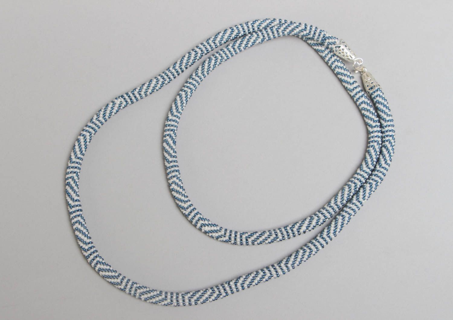 Handmade long white and blue striped beaded cord necklace for stylish women photo 2