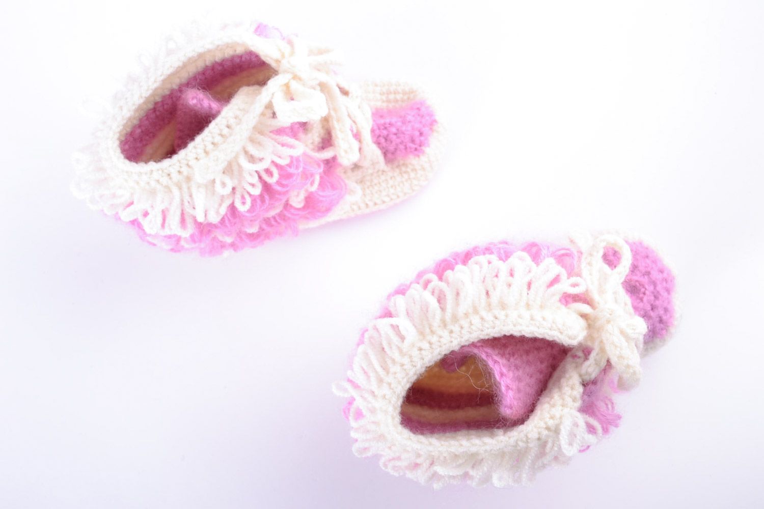Beautiful pink and white baby shoes crocheted of semi-woolen threads for girl photo 4