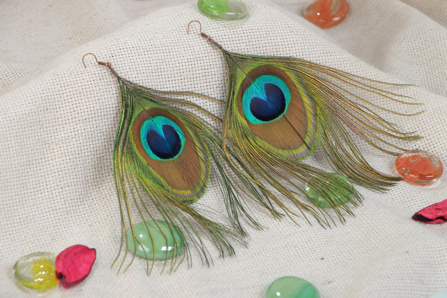 Handmade stylish earrings made of peacock feathers long evening light accessory photo 1