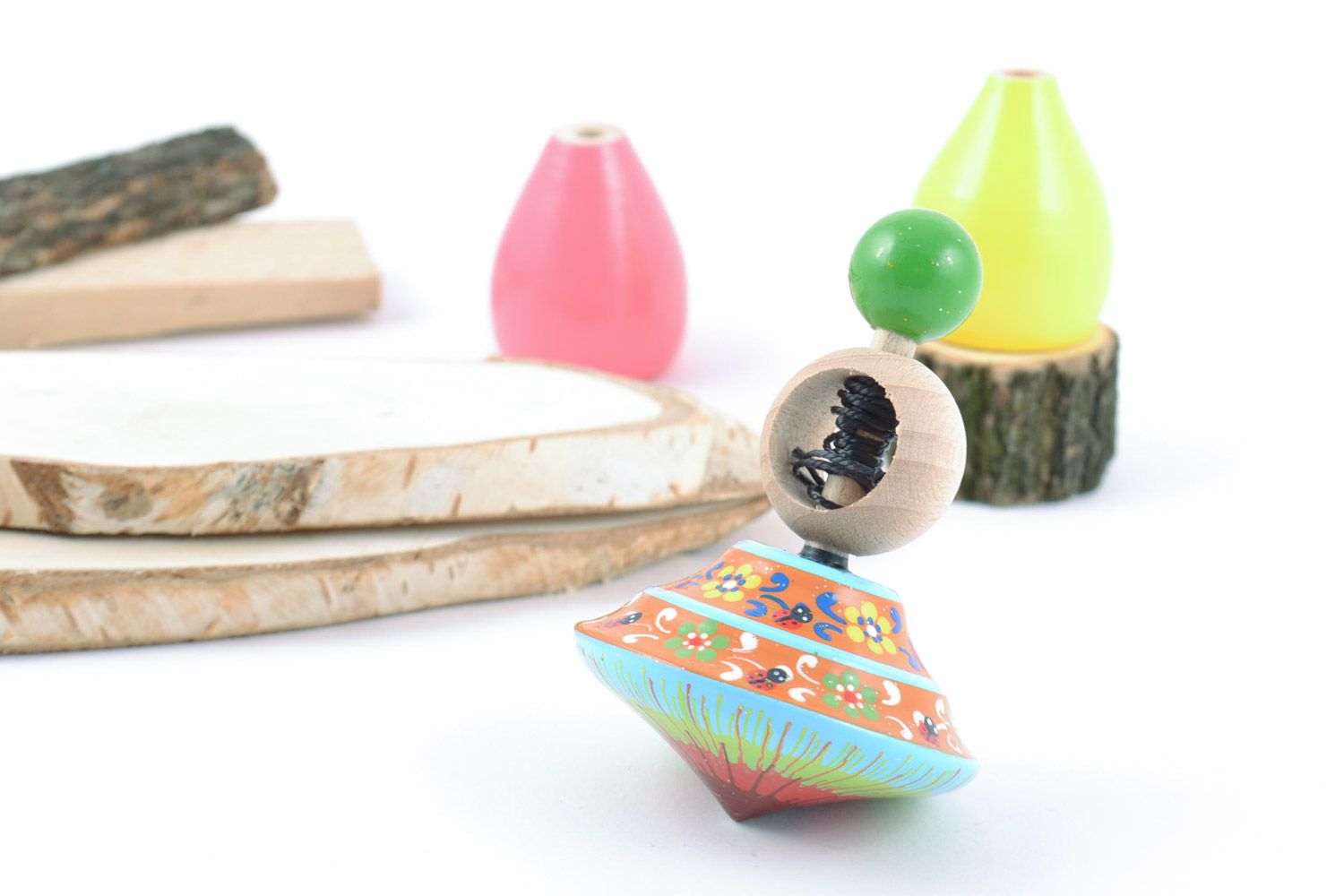 Wooden handmade decorative spinning top with eco-friendly painting children's toy photo 1