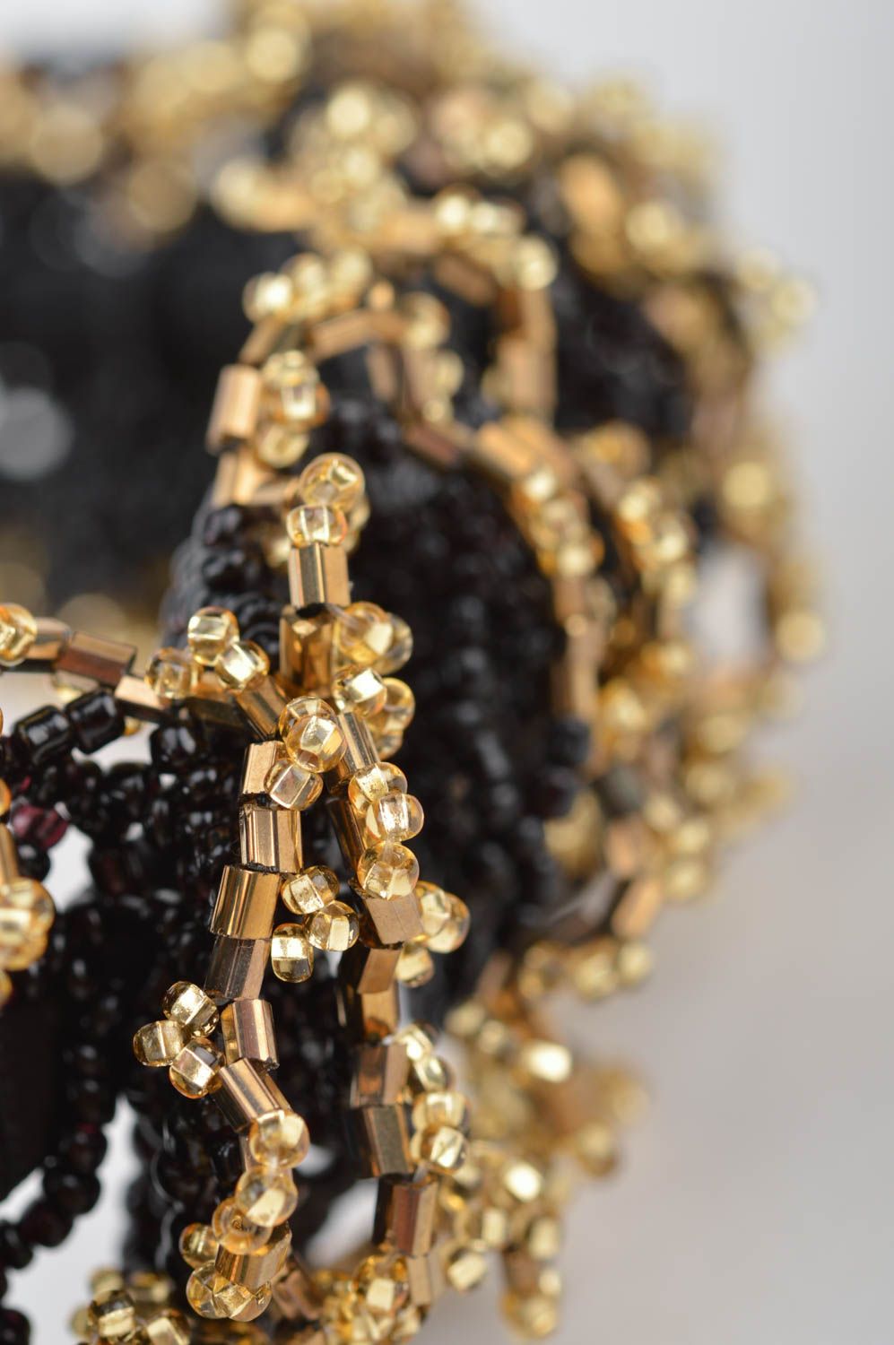Unusual beautiful handmade designer beaded headband of black and gold colors photo 4