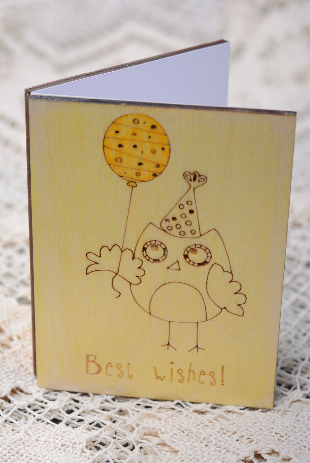 Belle carte de voeux en bois faite main originale jaune avec hibou Best wishes photo 1
