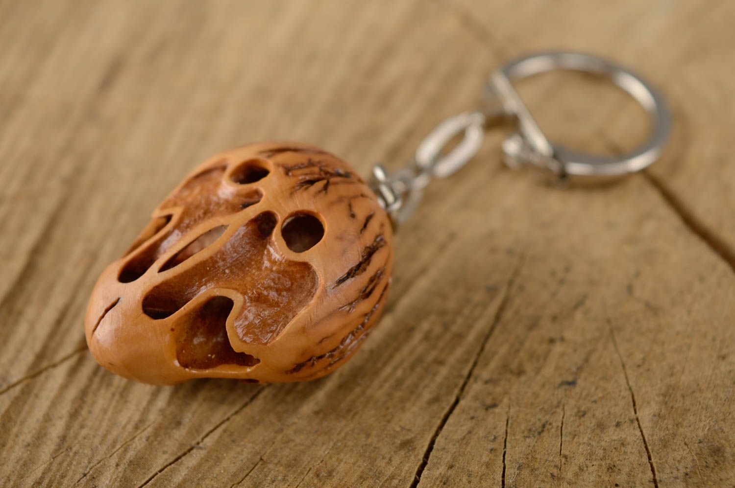Unusual design handmade walnut keychain photo 2