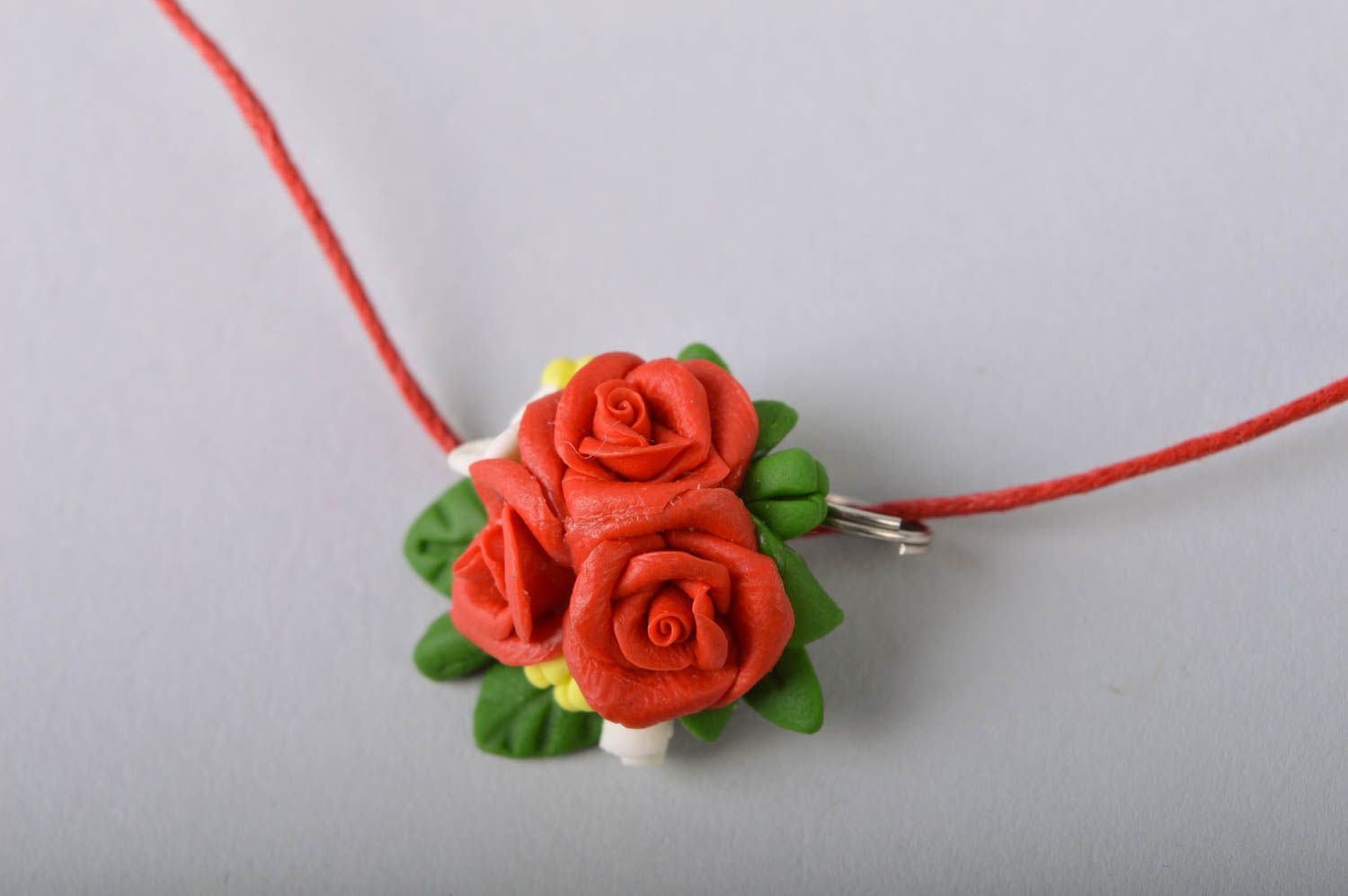 Handmade small floral cold porcelain pendant necklace red roses on cord photo 3
