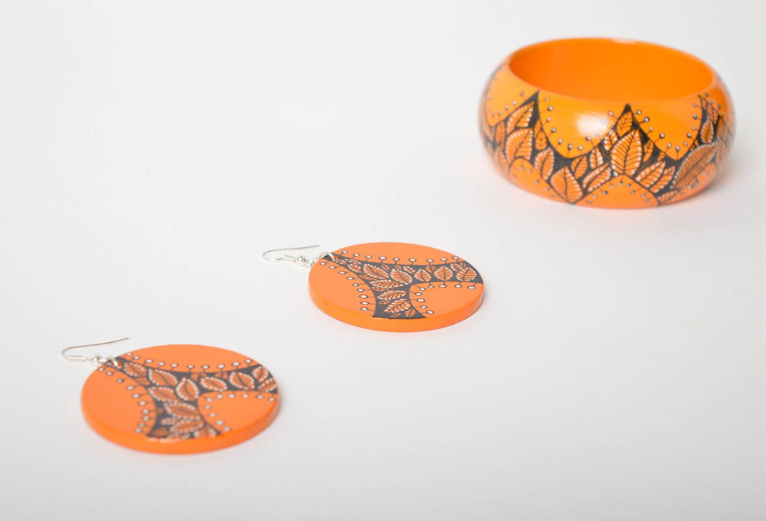 Grelles orange Schmuck Set handmade aus Holz Damen Ohrringe Schmuck Armband  foto 4