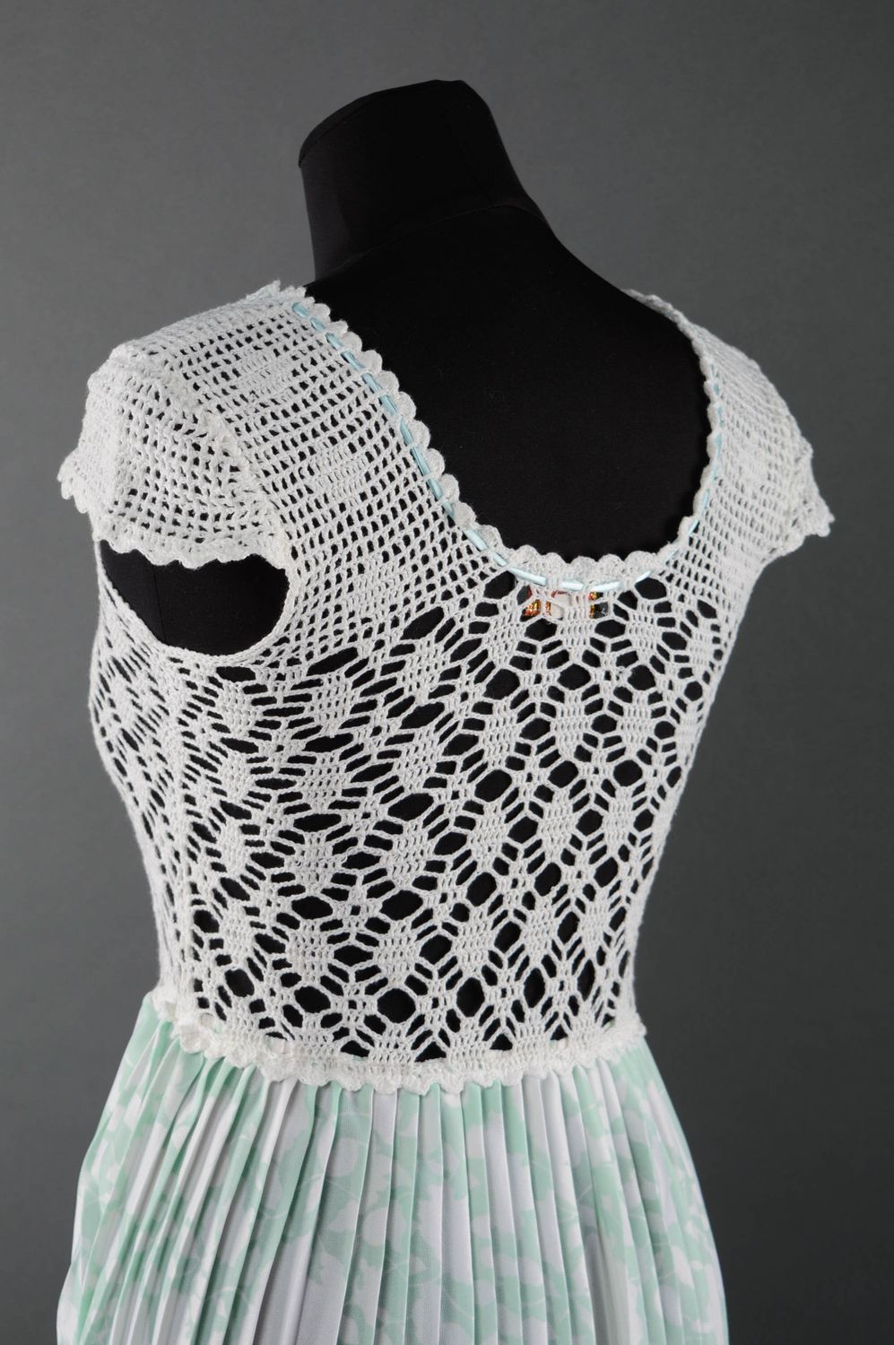 Handmade long crochet dress made of cotton and synthetic fabric of light color photo 2
