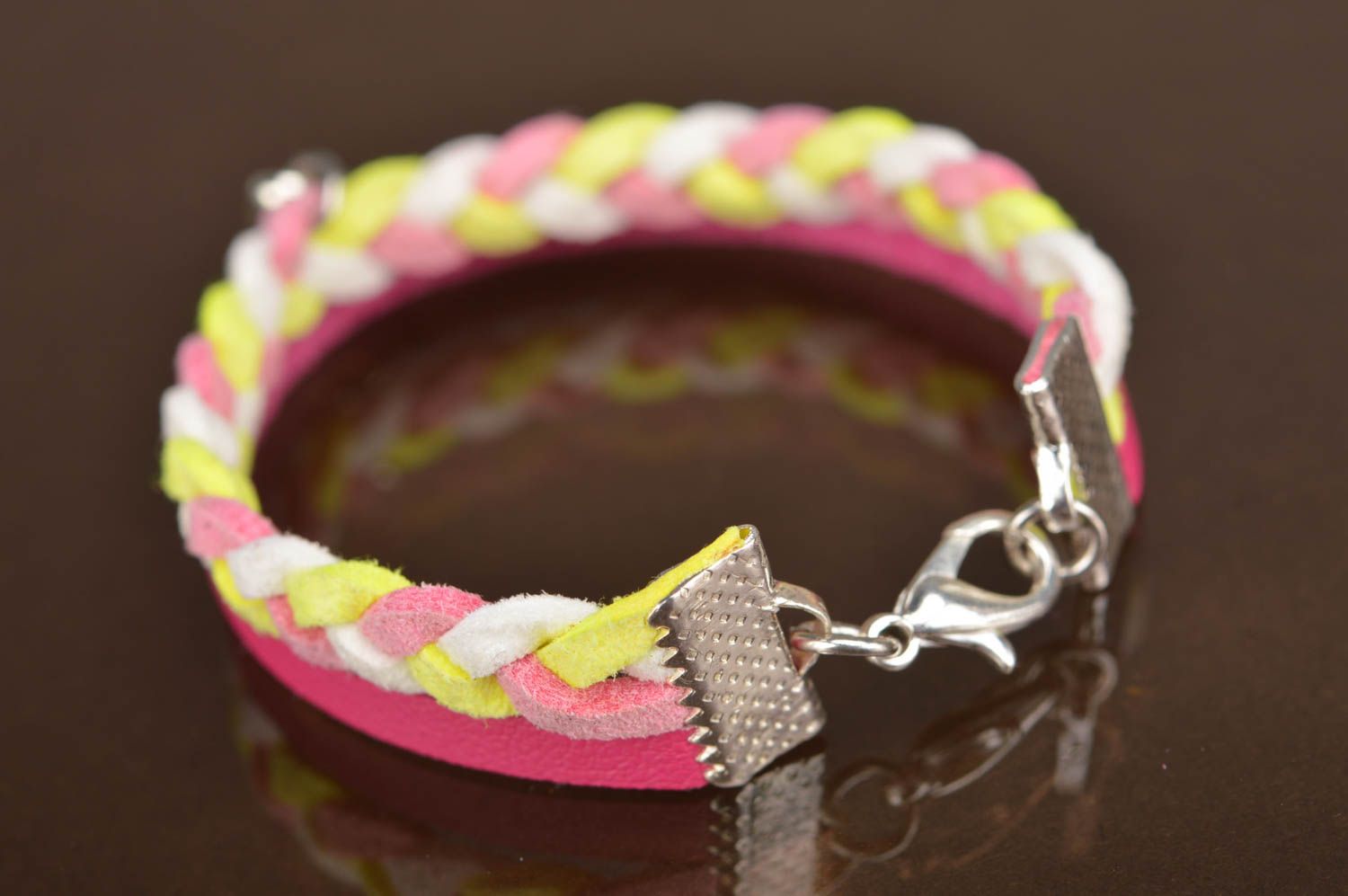 Handmade bright leather and suede cord wrist bracelet with metal charm pink photo 5