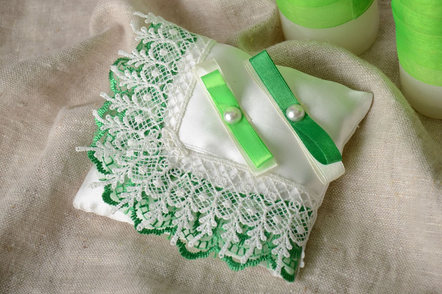 Handmade wedding satin ring bearer pillow with lace in white and green colors photo 1