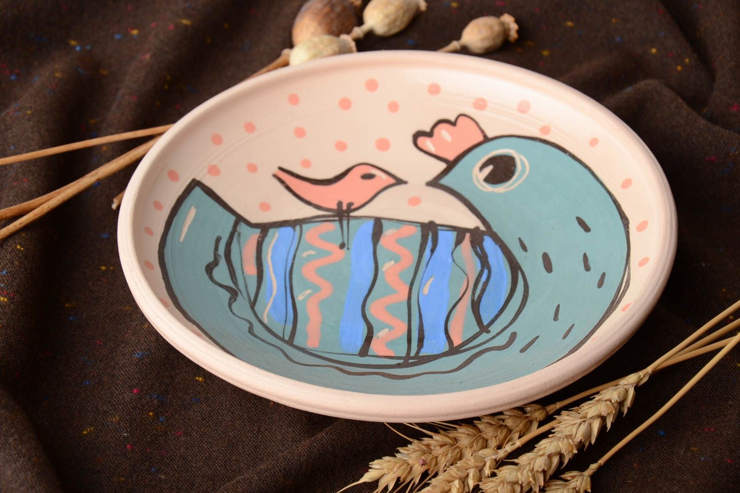 Bright handmade clay plate painted with glaze and enamel 350 ml photo 1