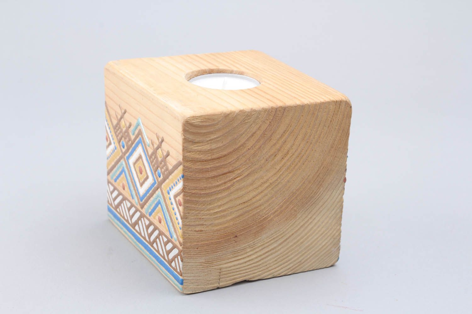 Bougeoir en bois décoré carré fait main photo 1