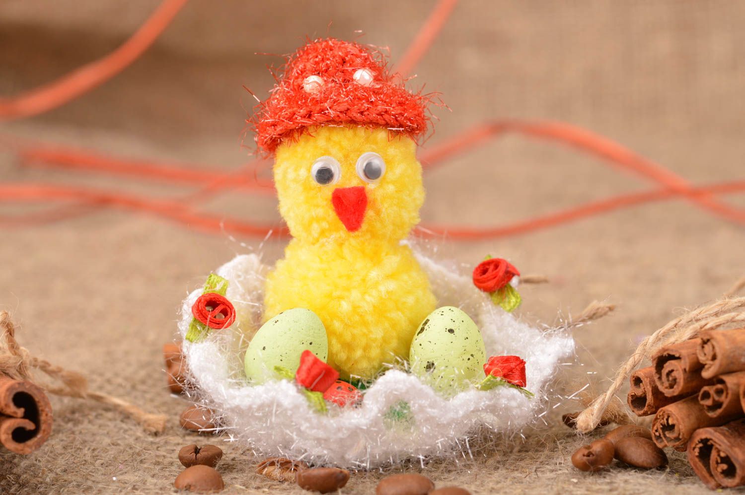 Beautiful handmade yellow toy chicken crochet of acrylic threads in white basket photo 1