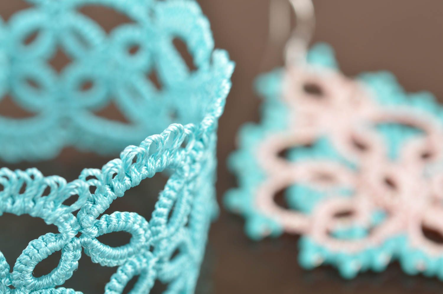 Beautiful homemade designer jewelry set tatting lace earrings and bracelet photo 4