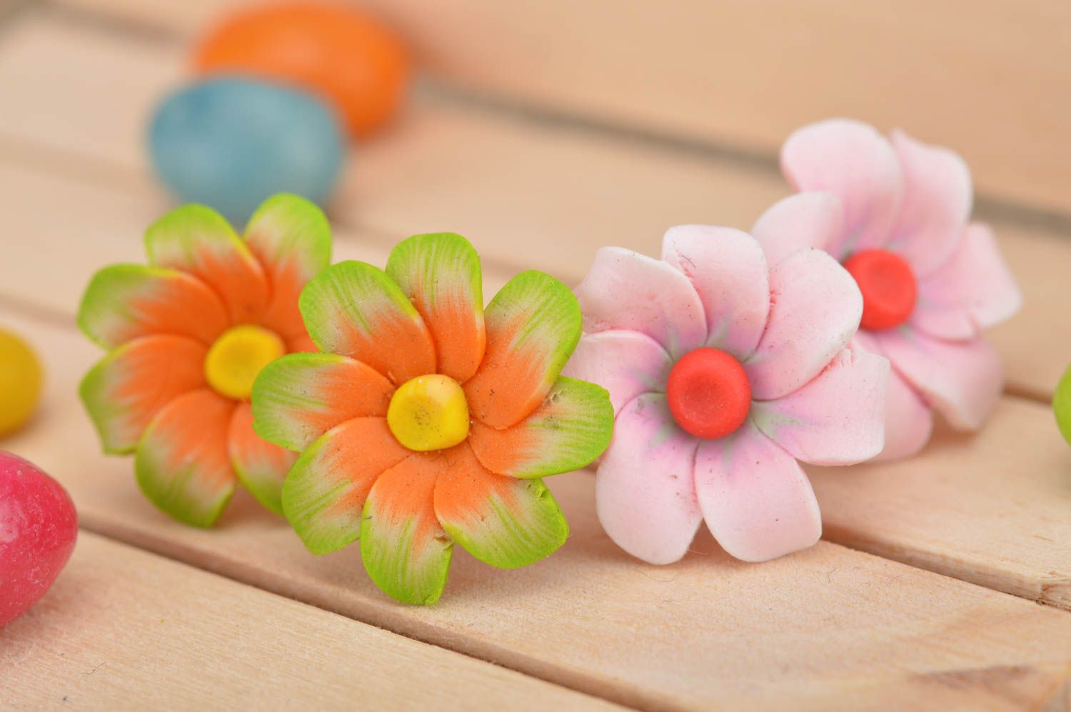 Set of summer stud earrings made of polymer clay 2 pieces in shape of flowers photo 1