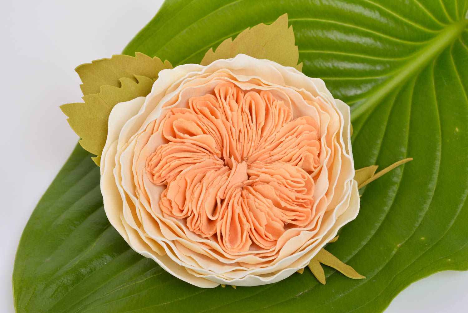 Designer elastic hair band with handmade volume foamiran flower of peach color photo 5