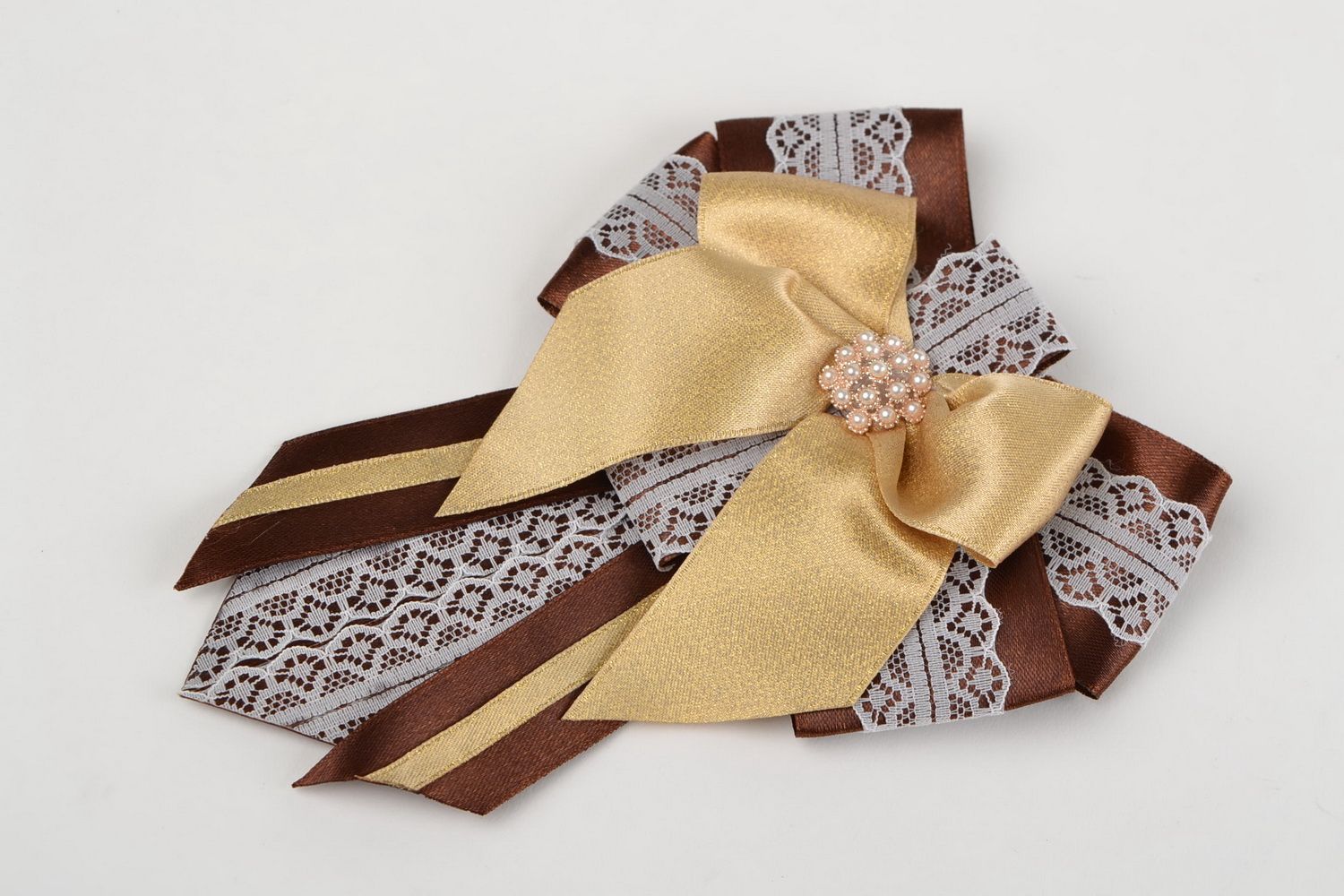 Handmade designer satin ribbon brooch in the shape of bow in brown color palette photo 3