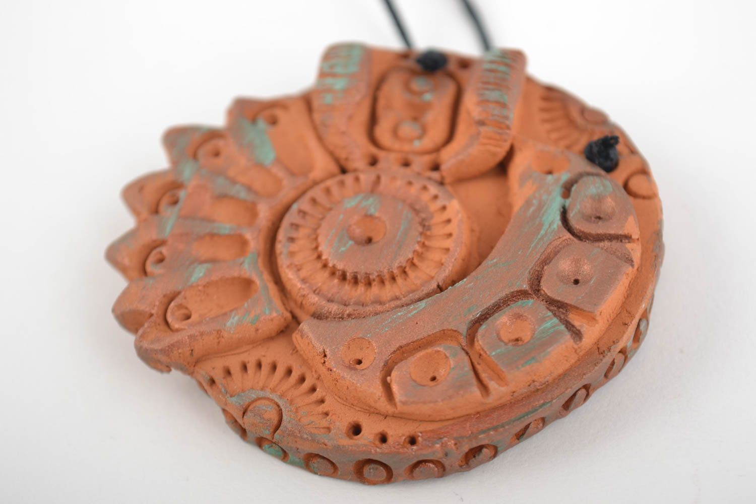 Beautiful round handmade designer brown clay neck pendant on cord photo 3