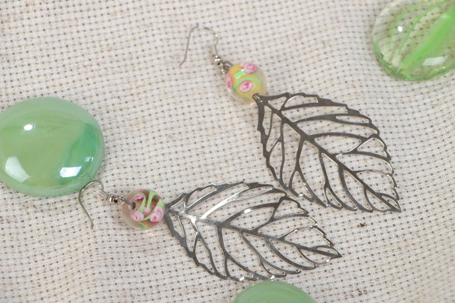 Handmade stylish metal earrings Leaves with glass beads summer designer accessory photo 1