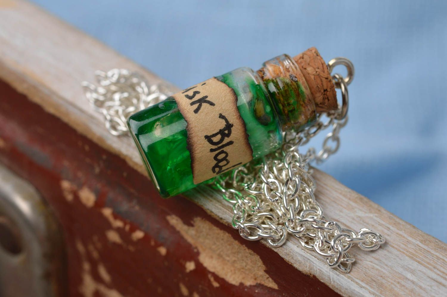Handmade beautiful green pendant in shape of glass jar with epoxy resin photo 4
