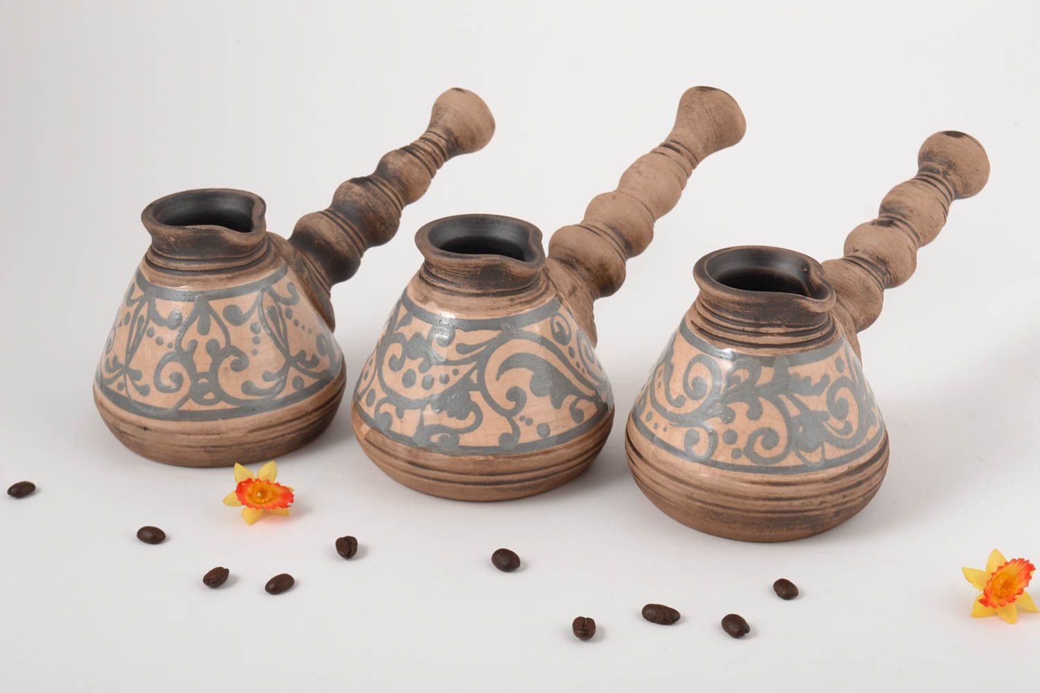 Турки для кофе ручной работы 3 глиняные турки с ангобами посуда для кофе 300 мл фото 1
