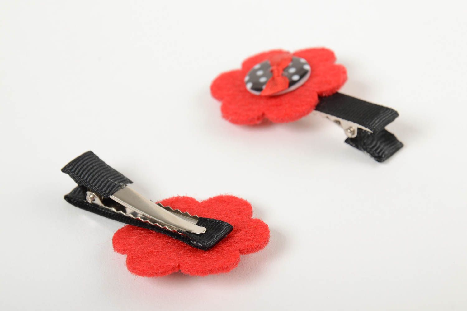 Hairpins with flowers for children set of 2 pieces red and black hand made  photo 3