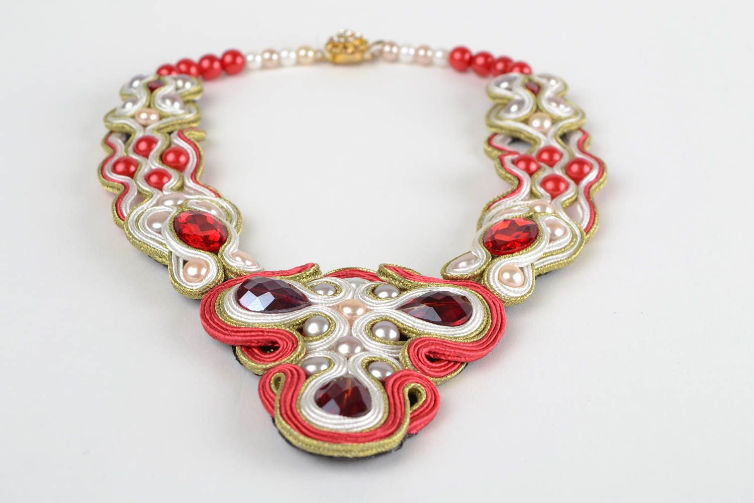 Handmade soutache necklace with fresh water pearls and rivoli beads Passion photo 4