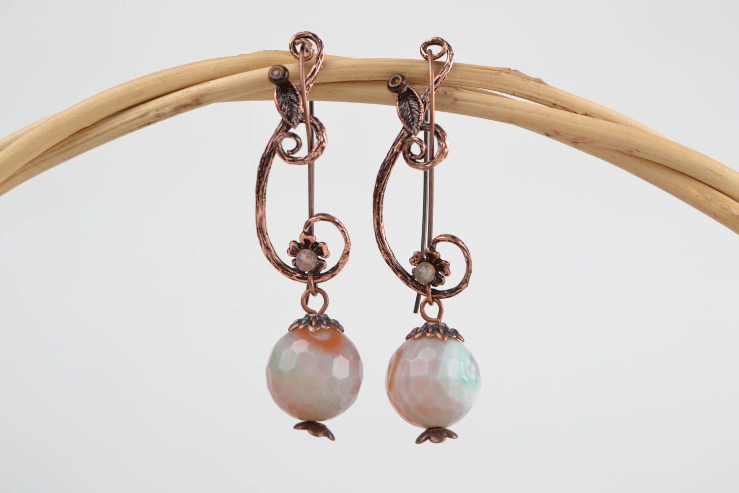 Handmade long dangling earrings with brown agate stone and fancy metal fittings photo 1