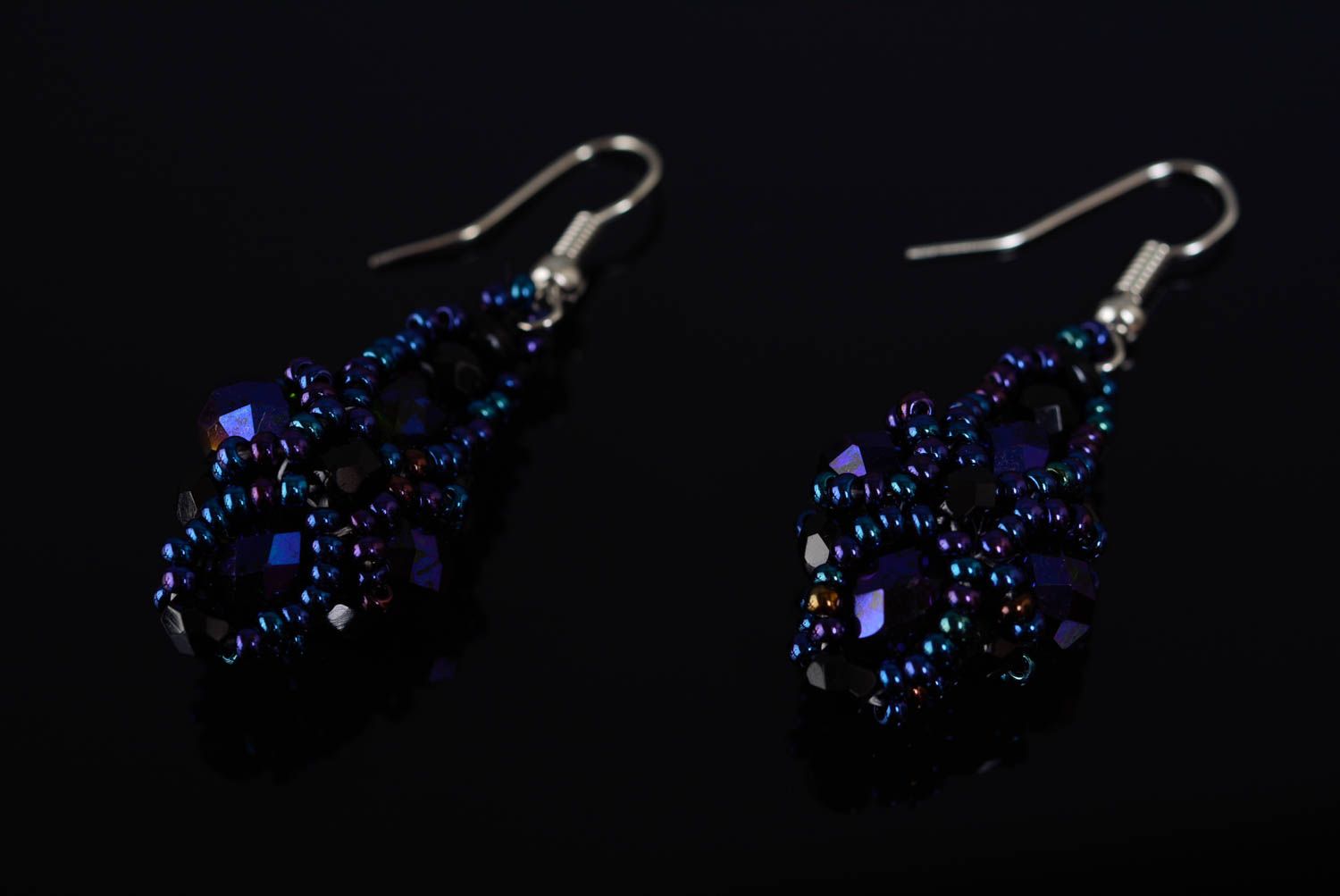 Handmade festive long beaded dangle earrings of blue color for evening party photo 1