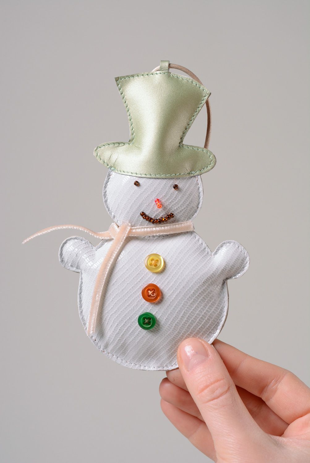 Handmade designer leather charm for bag or interior snowman in silver hat photo 3