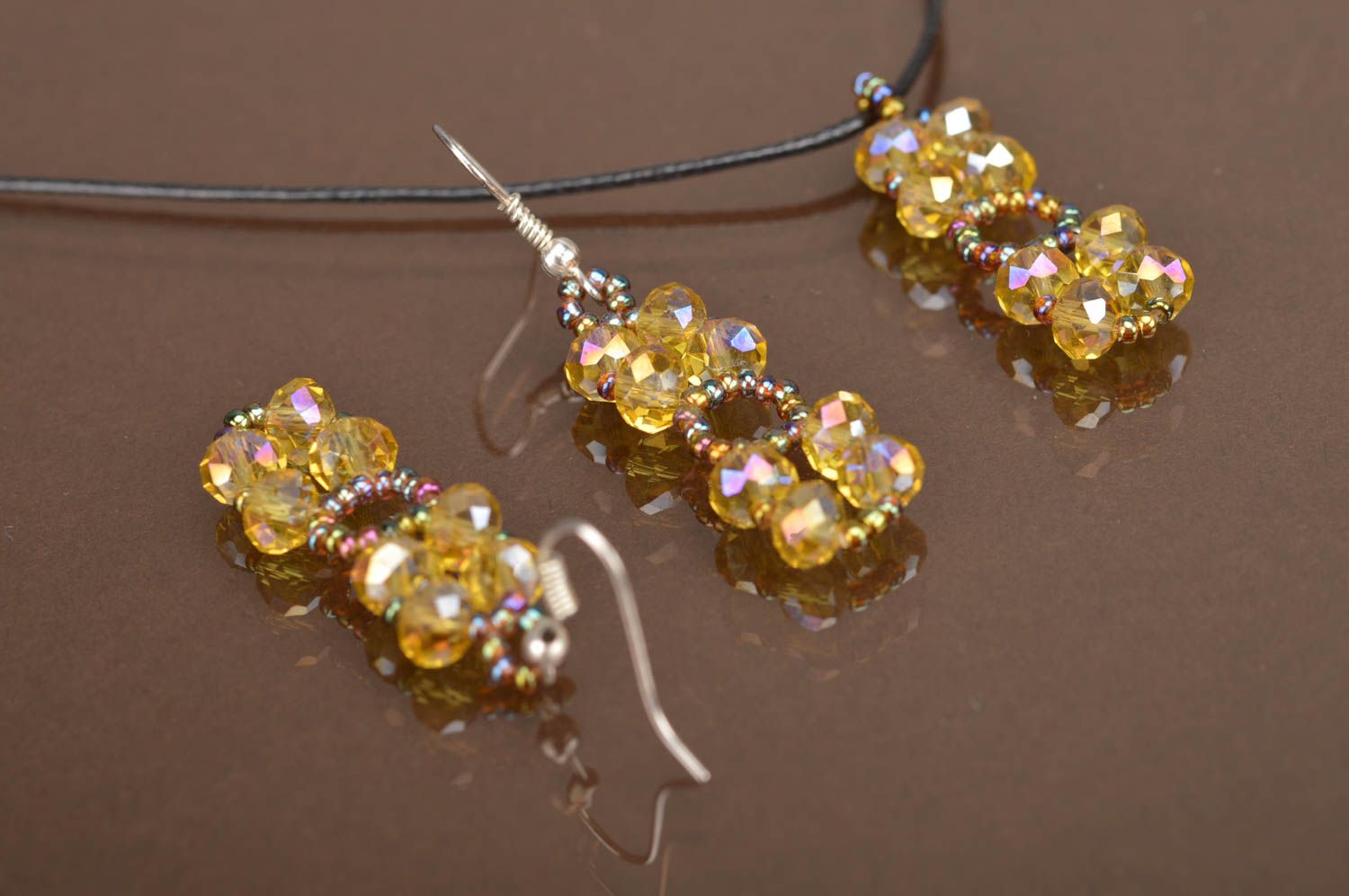 Beautiful handmade pendant and earrings woven of Czech beads jewelry set photo 4
