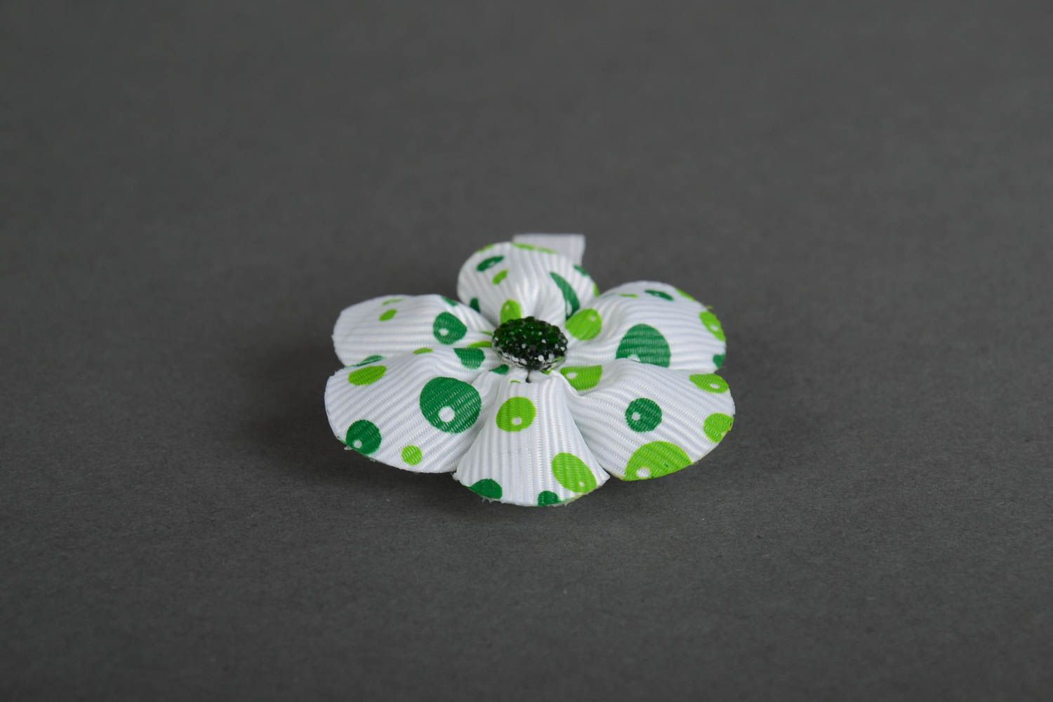 Homemade designer hair clip with white and green satin ribbon kanzashi flower photo 4