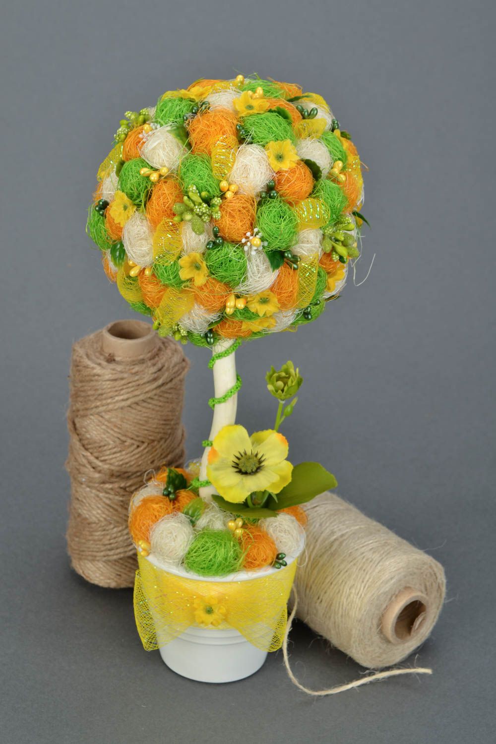 Handmade bright summer yellow green topiary tree with flowers and stamens in pot photo 1