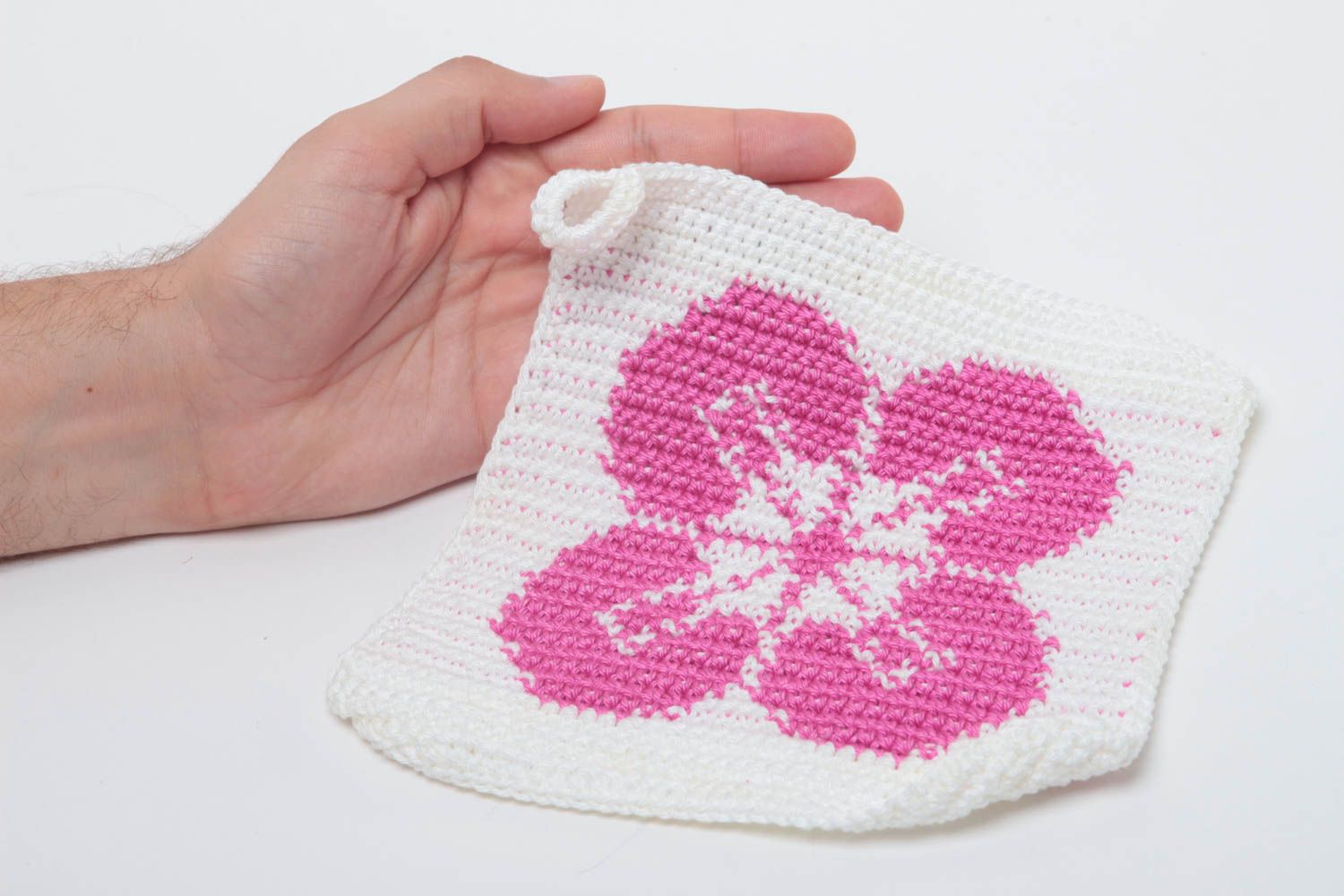 Handmade weißer Topflappen gehäkelt Küchen Textilien Haus Deko rosa Blume foto 5