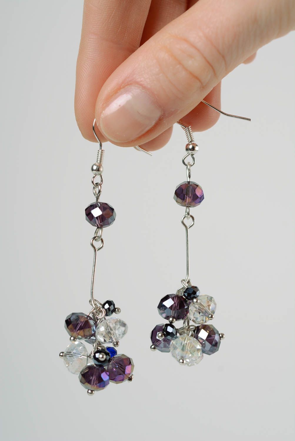 Handmade long festive sparkling earrings with crystal glass beads for ladies photo 3