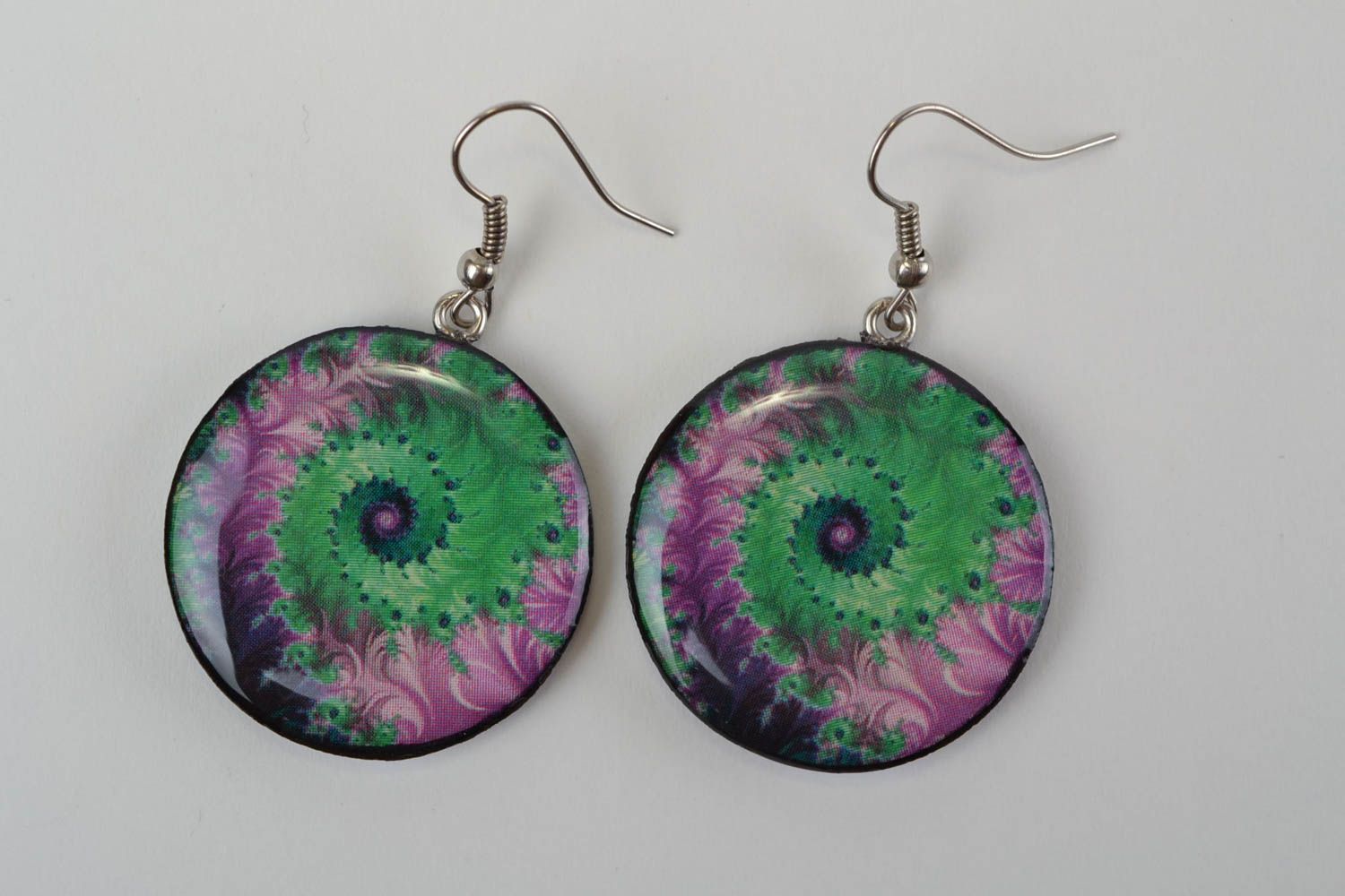 Large handmade designer polymer clay round earrings with decoupage photo 5