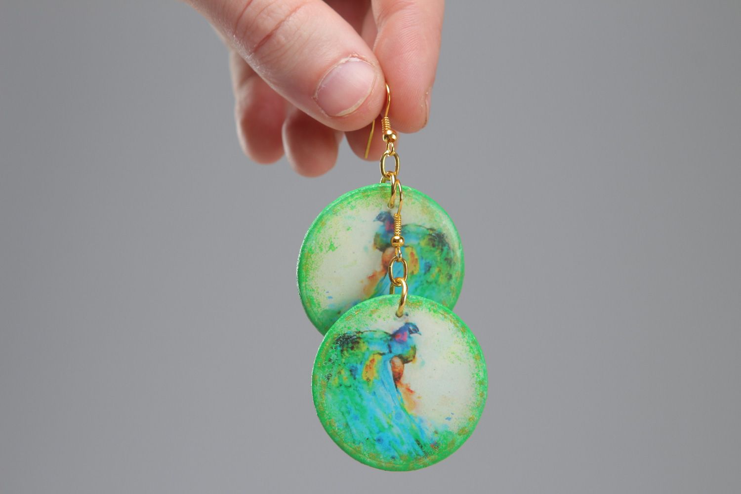 Handmade polymer clay earrings with print coated with epoxy resin Peacock photo 4