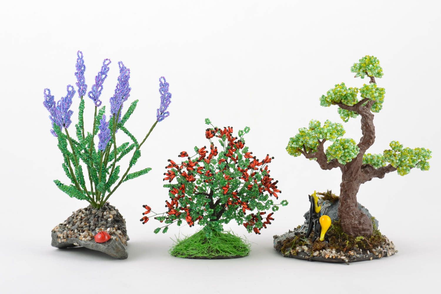 Set of handmade beaded wire bonsai tree bush and flowers for home decor 3 items photo 2