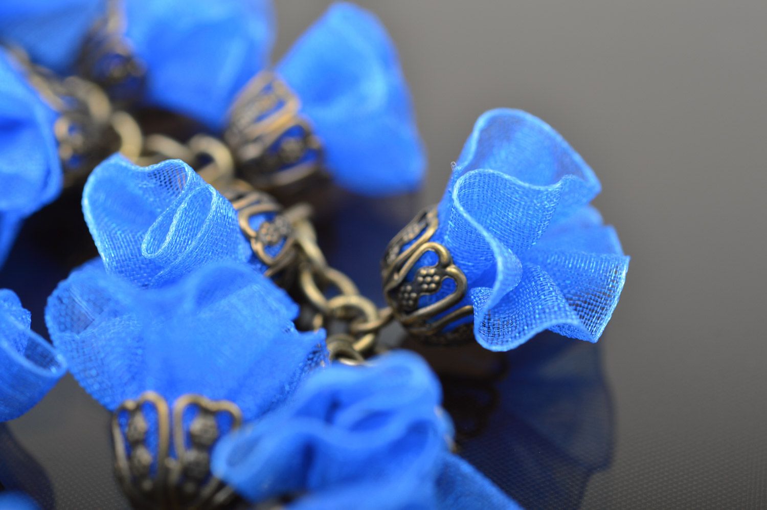 Bright handmade women's ribbon flower necklace of blue color Cornflowers photo 3