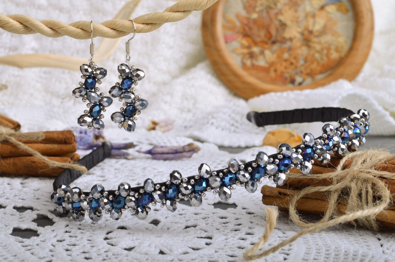 Beautiful women's handmade jewelry set woven of beads and hematite 2 items earrings and headband photo 1