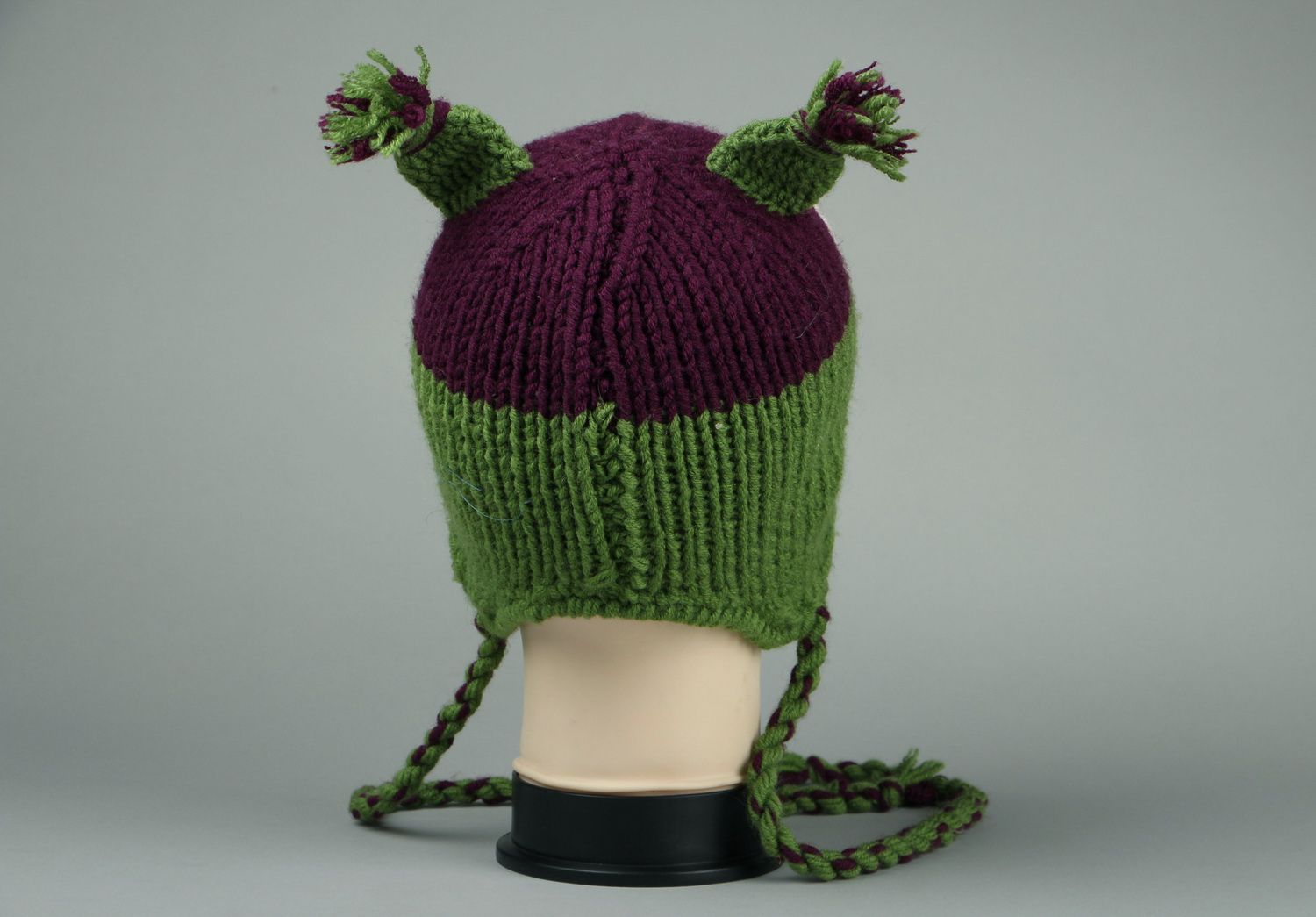 Bonnet tricoté hibou vert en demi laine photo 3