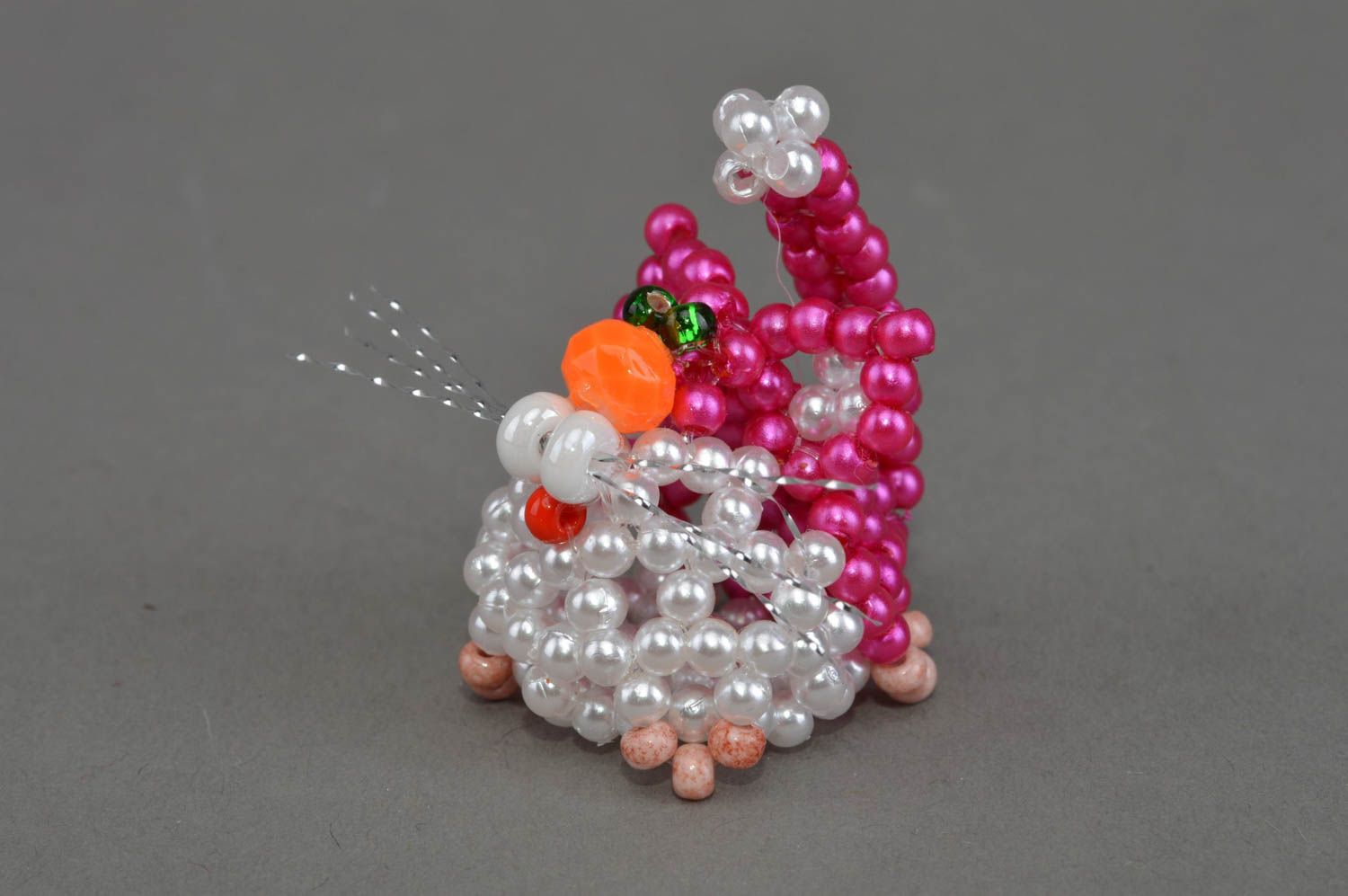Handmade designer miniature animal figurine of pink white cat woven of beads  photo 3