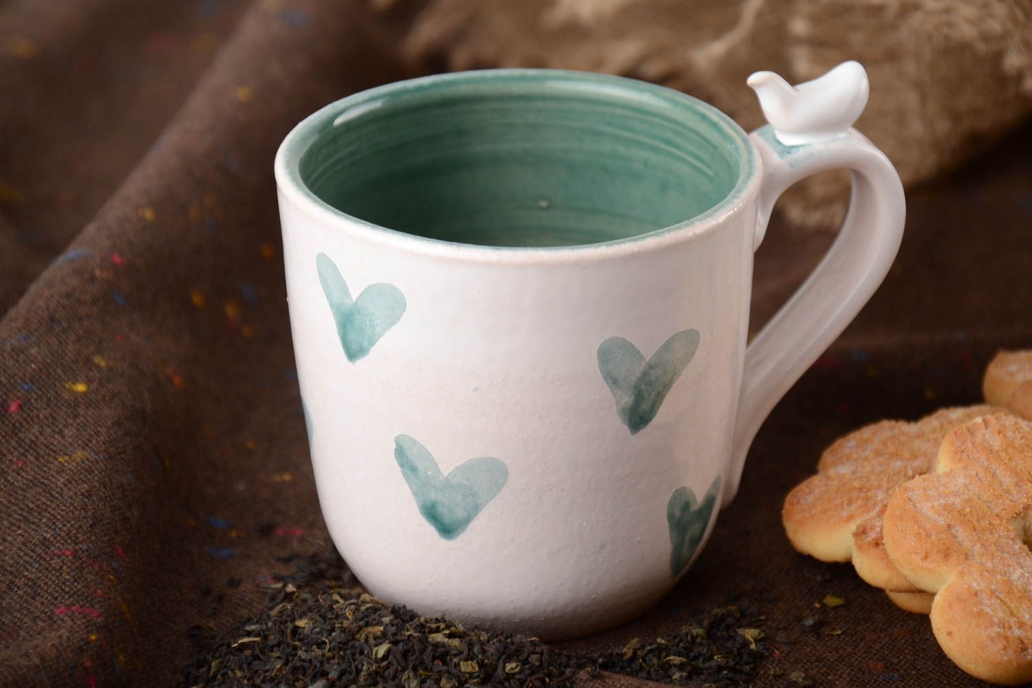 Tasse en céramique faite main glaçurée avec oiseau vert 35 cl originale photo 1