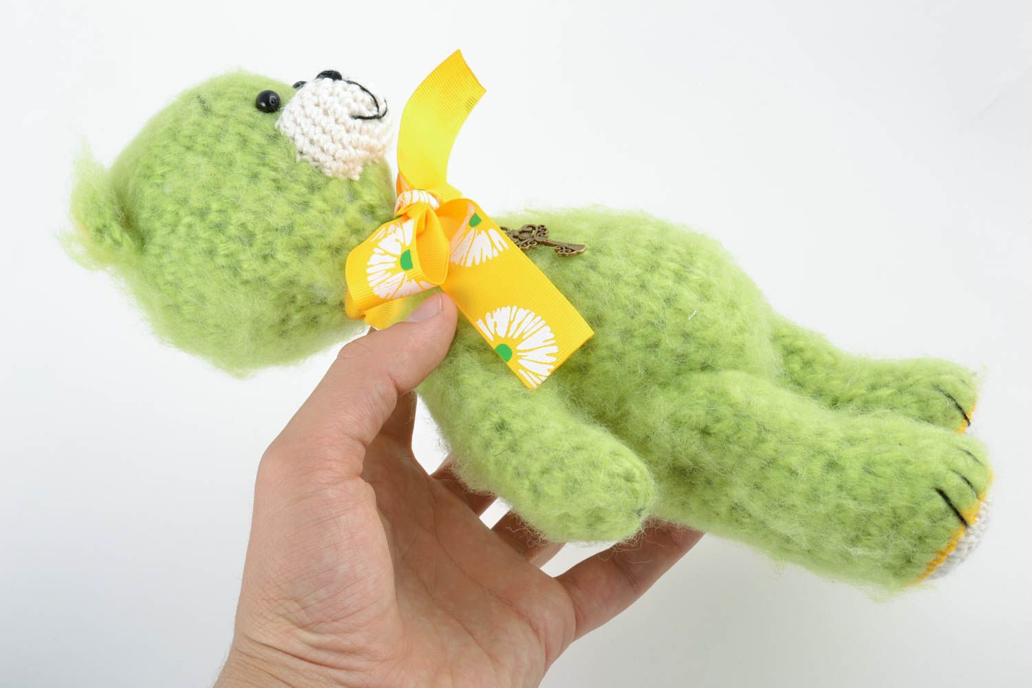 Handmade small toy Bear crochet of wool of lime color photo 2